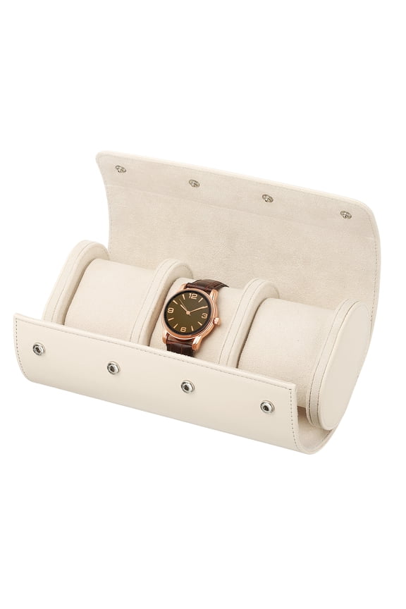 3 Slots Leather Watch Travel Case Watch Roll Storage Box with Removable Pillow Jewelry Gift Organizer for Christmas Anniversary Birthday, White