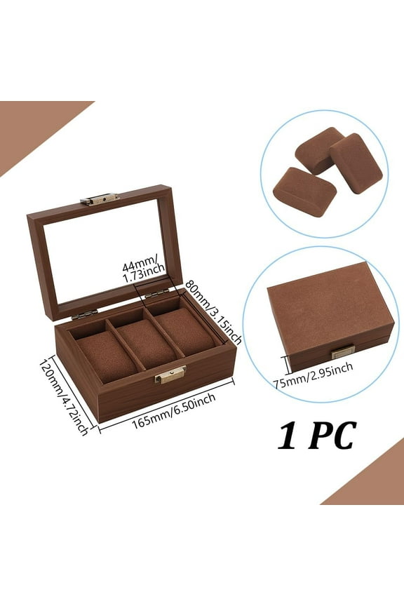 3 Slots Wood Watch Storage Boxes Coconut Brown Watch Display Case with Glass Window Wood Watch Display Case Ideal Gift for Men in Father Day Birthday Valentines Wedding Anniversary