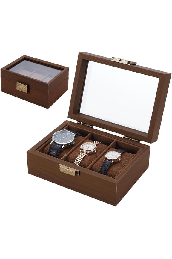 3 Slots Wood Watch Storage Boxes Coconut Brown Watch Display Case with Glass Window Wood Watch Display Case Ideal Gift for Men in Father Day Birthday Valentines Wedding Anniversary Brown