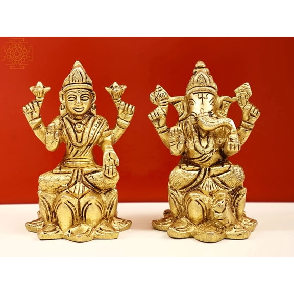 3" Small Brass Blessing Lakshmi Ganesha Sitting on Lotus Statue | Handmade