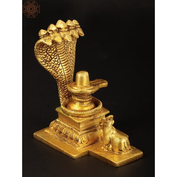 3" Small Shiva Linga Brass Statue with Nandi and Snake Crown