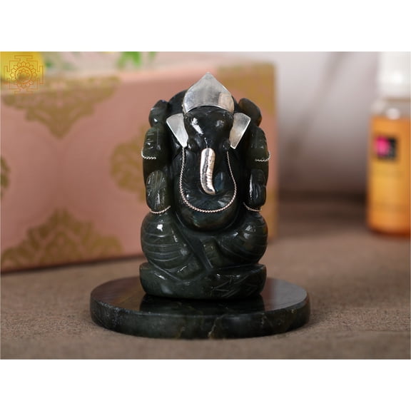 3" Small Labradorite Gemstone Ganesha Idol with Silver Work and Coaster | With Gift Box