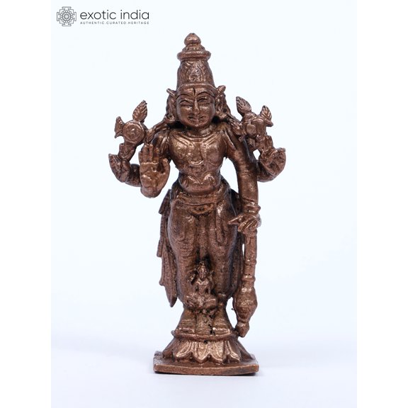 3" Small Standing Lord Vishnu Copper Statue with Devi Lakshmi