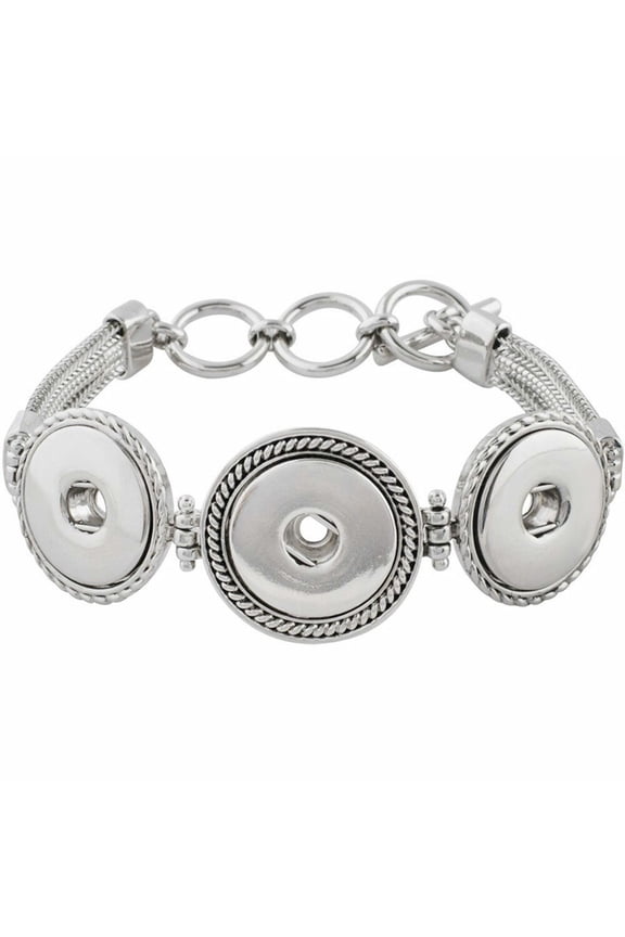 Snap Jewelry 3 Snap Metal Bracelet with Simple Toggle Clasp in Silver Tone, 9 Inch Adjustable