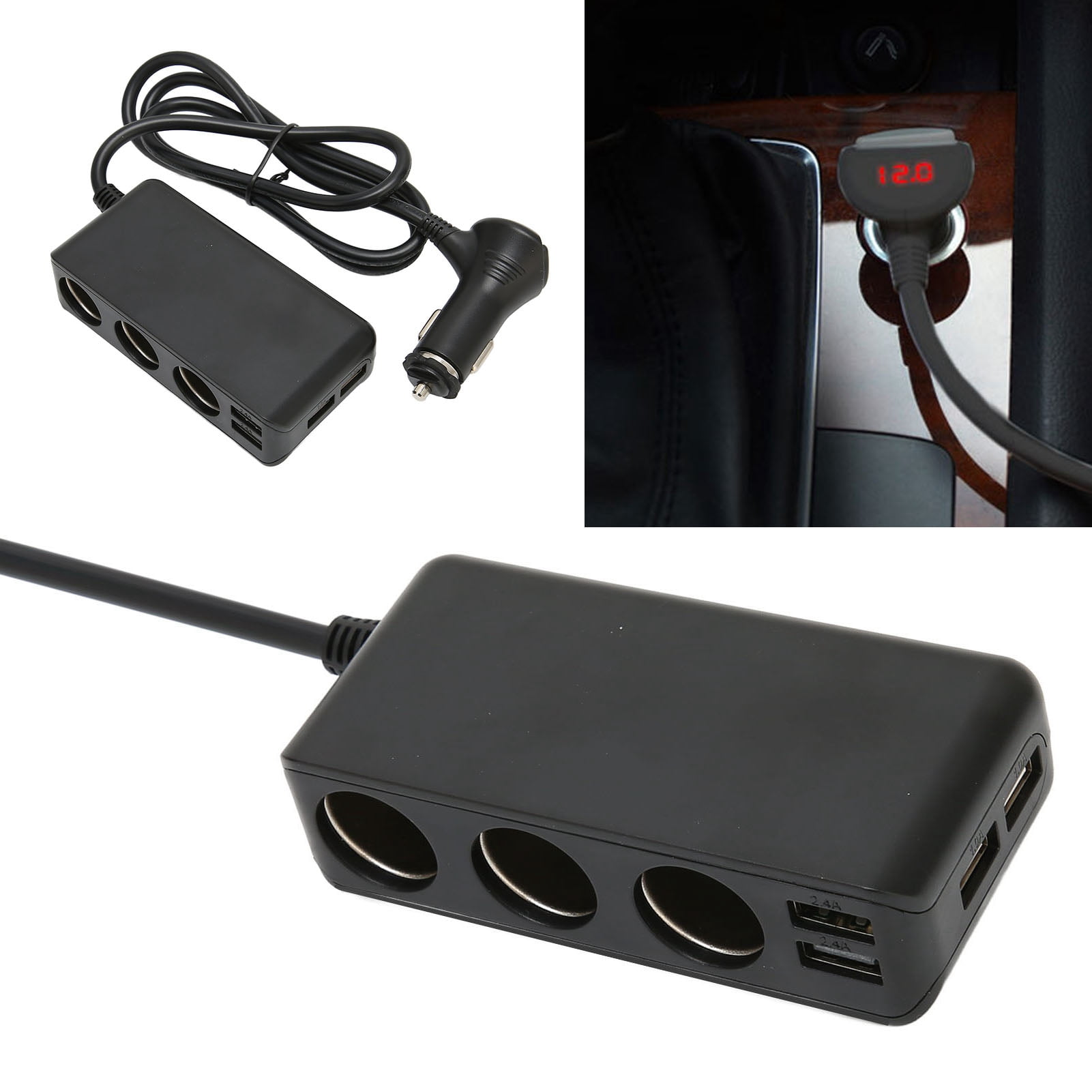 3 Socket Lighter Splitter With LED Voltage Display, 90W 12V/24V DC 7A 4
