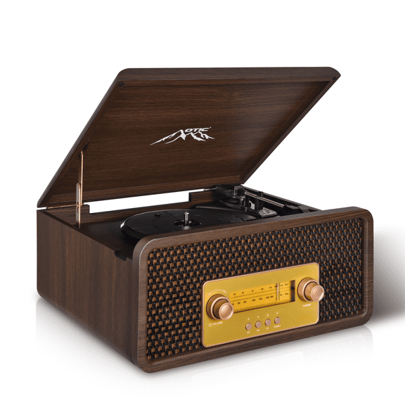 OTIC 3-Speed Bluetooth Wooden Turntable Record Player, Built-in Speakers, AM/FM Radio, Aux Input, Auto Stop Function for Desktop Use