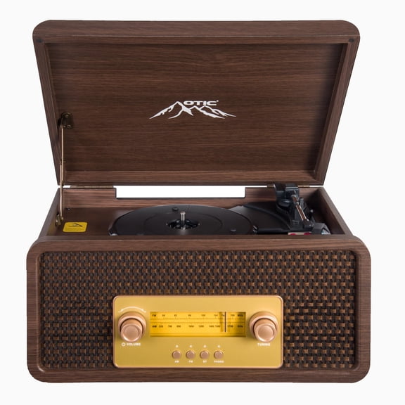 OTIC 3-Speed Bluetooth Wooden Turntable Record Player, Built-in Speakers, AM/FM Radio, Aux Input, Auto Stop Function for Desktop Use