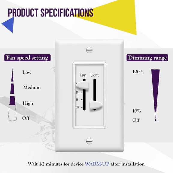 3 Speed Ceiling Fan Control and Dimmer Light Switch, 2.5A Single Pole Light Fan Switch, 300W Incandescent Load, No Neutral Wire Required, 17001-F3-W, 120 Volts (AC), White, 2 Pack