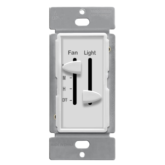 3 Speed Ceiling Fan Control and LED Dimmer Light Switch, 2.5A Single Pole Light Fan Switch, 300W Incandent Load, No Neutral Wire Required, 17001-F3-W, White