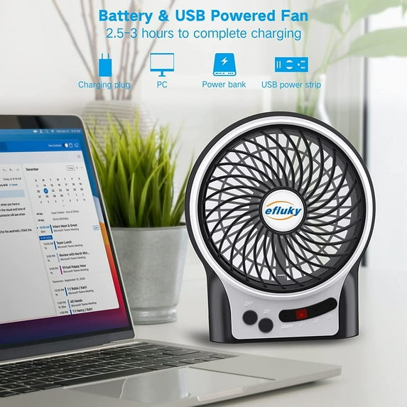 3-Speed Desk Fan with LED Light, Portable USB Fan for Home, Office, Travel, Black