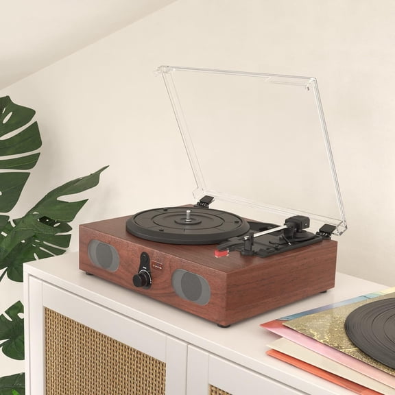 3-Speed Desktop Vinyl Turntable Record Player with Bluetooth and Built-in Speakers for Smooth Playback, Great for Beginners and Hobbyists
