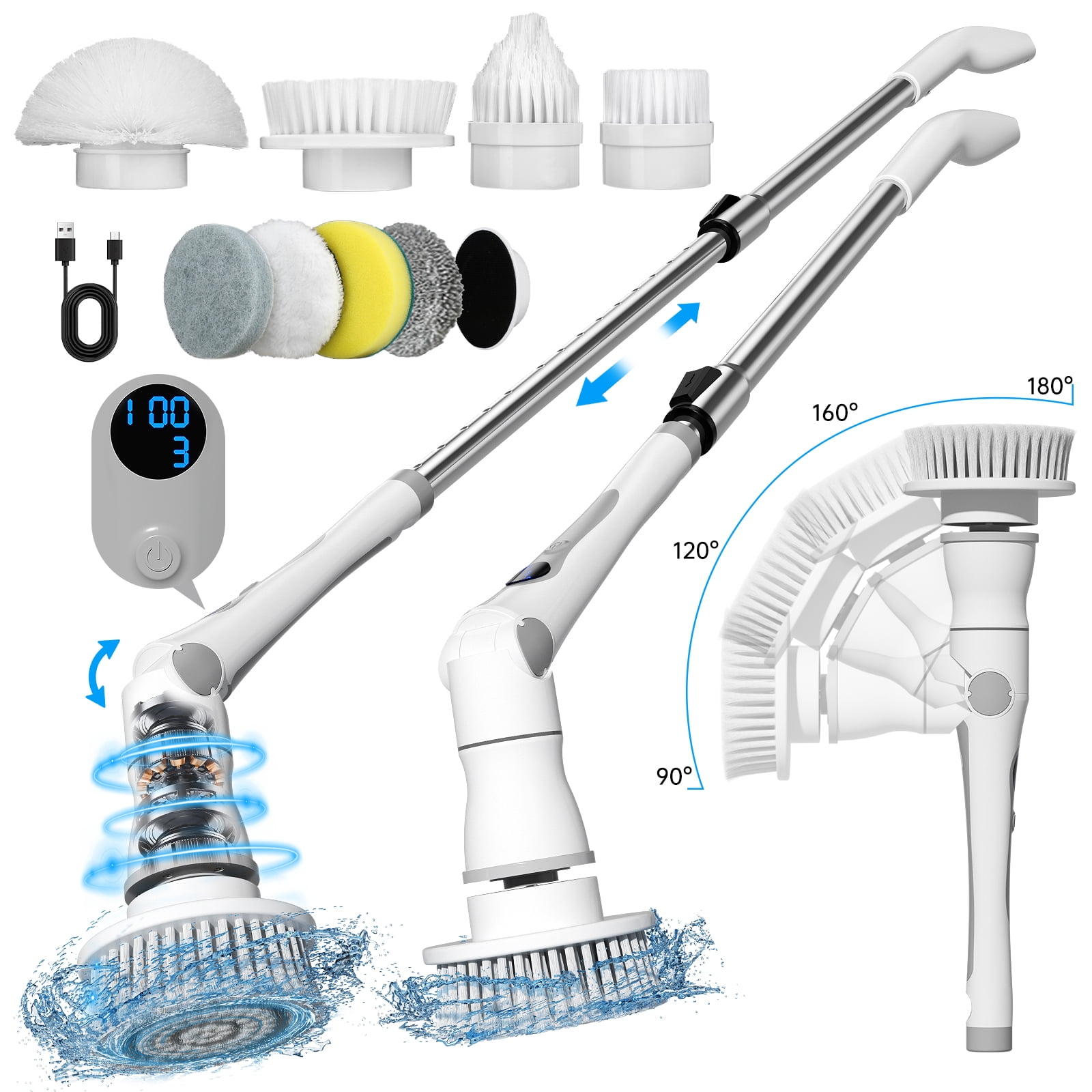 Electric Spin Scrubber Cordless, 3-Speed with LED Display & 8 Brush Heads – 48" Handle for Shower, Bathtub, Tile, Floor, Glass, Car