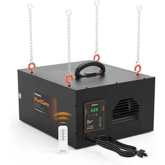 PURISYSTEMS 3-Speed Remote Air Filtration System, PuriCare 500 Hanging Air Filter w/RF Remote for Woodworking, Garage Air Purifier, Shop Dust Collector, up to 500 sq. ft(350 CFM/450 CFM/500 CFM)