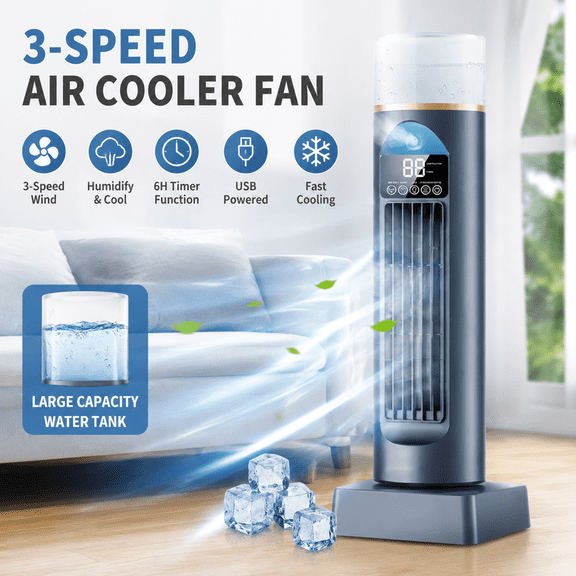 3-Speed Tower Air Cooler USB Evaporative Cooling Fan With 100ml Water Tank Mist Function Portable Desktop Personal Cooling Fan For Home Office Bedroom 34.5cm x 12cm