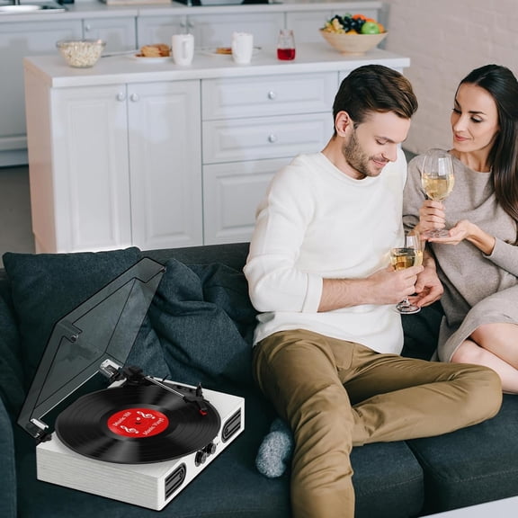 3-Speed Vintage Vinyl Record Player with Bluetooth Input, Built-In Stereo Speakers and Bass Adjust, Belt-Driven Turntable, RCA Line Out, AUX In, Headphone Jack, White Wood