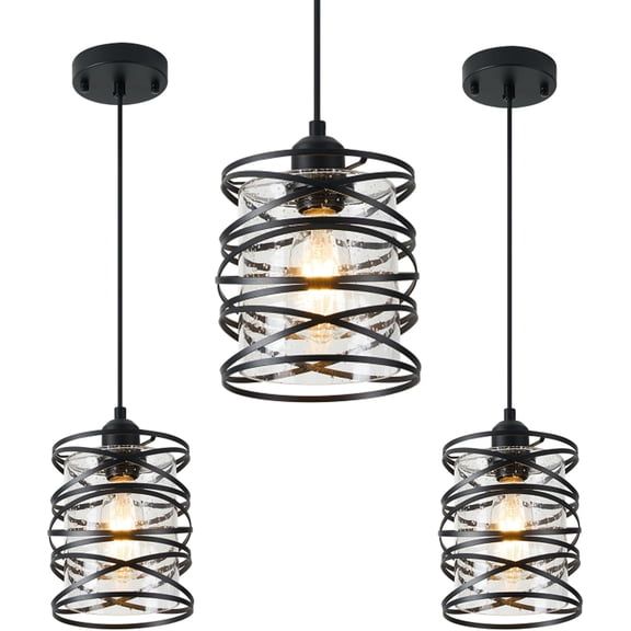 3- Spiral Glass Pendant Lights Kitchen Mini Black Pendant Light Modern Cage Handblown Seeded Glass Ceiling Lamp Adjustable Cord for Dining Room Foyer Hallway, E26