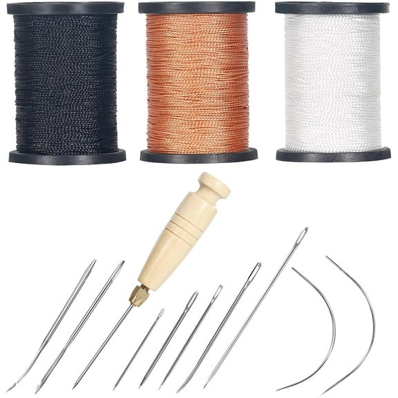 3-Spool Nylon Thread Sewing Kit, 80 Yards Each, Heavy Duty Needles (5 Straight, 2 Curved), Sewing Awl, Ideal for Upholstery, Leather, Shoes & DIY Crafts