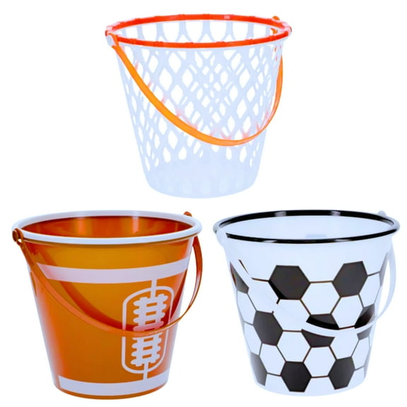 (3) Sports Themed Easter Buckets with Handle, 7-Inch Plastic Basketball Football Soccer Designs Reusable Baskets for Egg Hunts Party Favors Gift Picnic Basket Home Office Organizer
