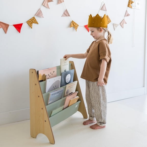 3 Sprouts  Fabric Kids Bookshelf – 4-Tier Sling Book Rack Organizer - Nursery Room Playroom Classroom Wooden Book Shelves - Kid Bookcase Wood Storage Shelf for Toddler Age 3+ - Solid Green