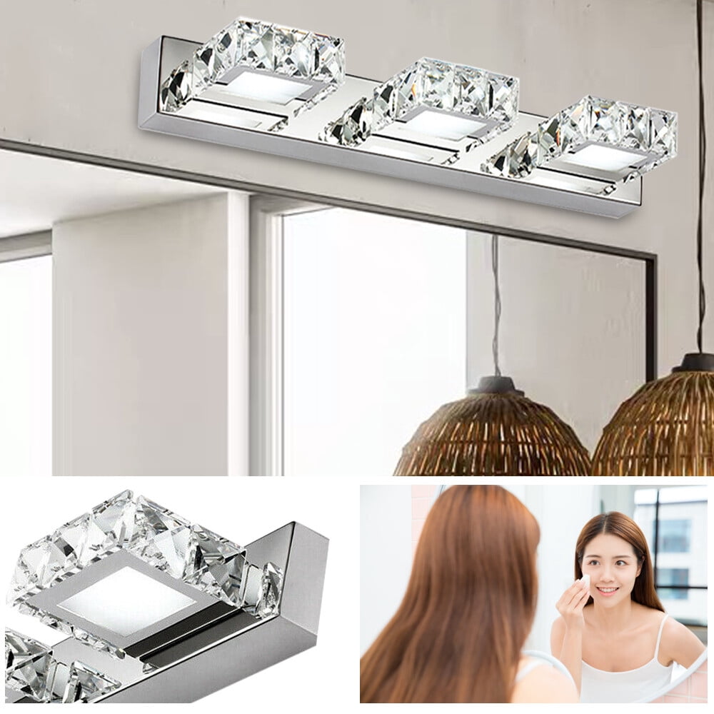 3 Square Lights Modern Bathroom Vanity Light LED Crystal Mirror Front Wall Lamp IP65 18.11*1.97*4.33in for Bathrooms, Bedrooms, Study Rooms