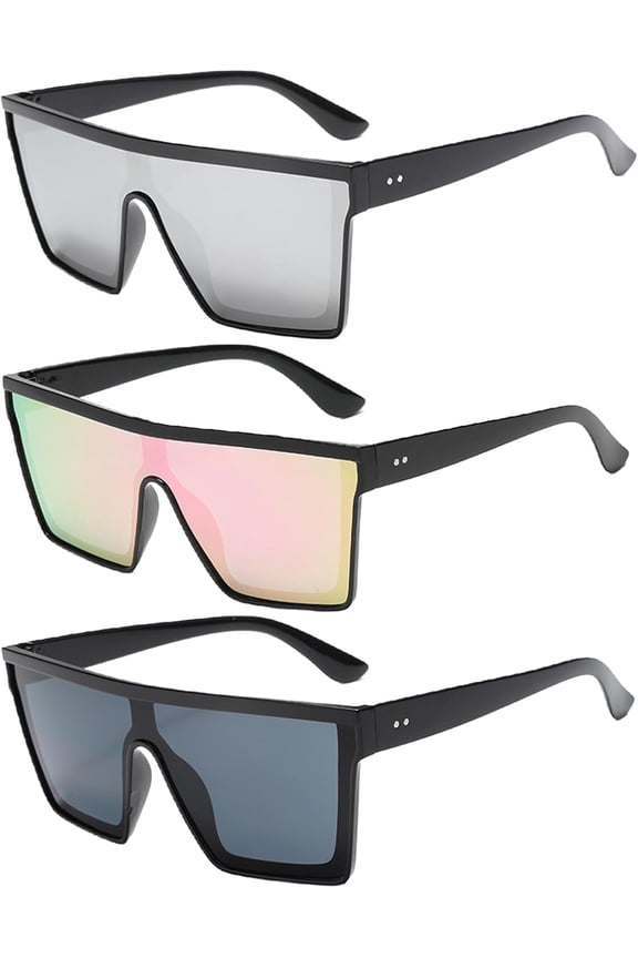 3 Square Sunglasses, Oversized Sunglasses for Men & Women, Rave Sunglass with 3 Colored Lenses, Fashion Square Sun Glasses for Outdoor Activities (Pink/Black/Silver)