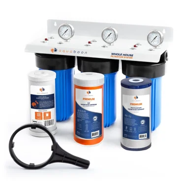 3-Stage 10" Whole House Water Filtration System by Aquaboon With Carbon Block, KDF, Polyphosphate Filters