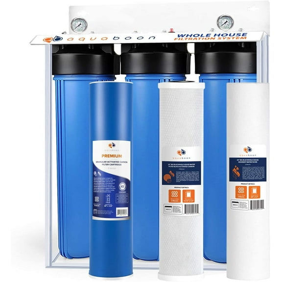 3-Stage Big Blue 20" Whole House Filtration System by Aquaboon+Freestanding Steal Frame+Pressure Gauges+GAC Filter+Carbon Block+Sediment Filter Cartridges
