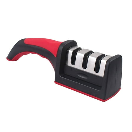3-Stage Knife Sharpener for Straight & Serrated Knives - Abrasive,Stainless Steel with Non-Slip Base - Red,7.4x1.9x2.3" - Coarse & Fine Grinding - Kitchen Knife Sharpening Tool