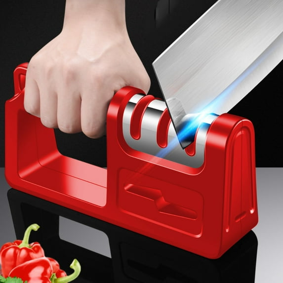 3-Stage Manual Kitchen Knife Sharpener with Scissor Slot, Non-Slip Base and Ergonomic Handle, Handheld Knife Sharpening Tool for Straight Blades