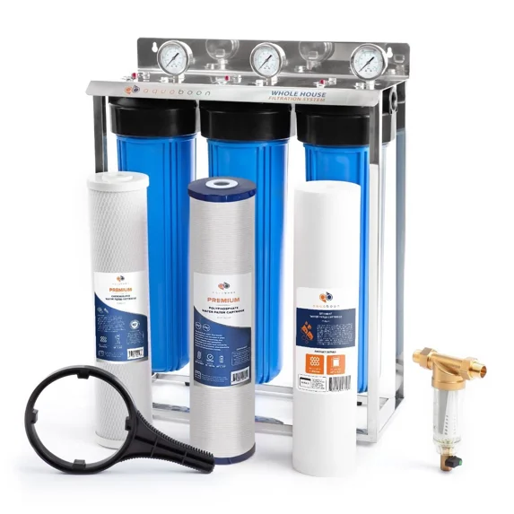 3 Stage Whole House Water Filter System for Well/City Water 20 x 4.5 with Freestanding Stainless-Steel Bracket, Wrench & Pressure Gauge & Release Button (1" Port) - Anti-Scale, CTO, Sediment Filters