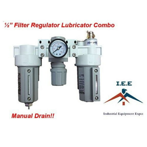 3 Stages Compressed Air Filter Regulator Lubricator Combo 1/2" NPT Manual Drain