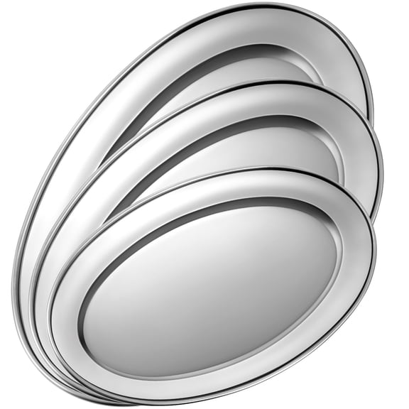 3 Stainless Steel Serving Tray Large Oval Platter Set 11.8" 13.8" 15.7" Heavy Duty Metal Mirror Polish Sizzle Plate For Fish Dessert Meat Sushi Birthday Wedding