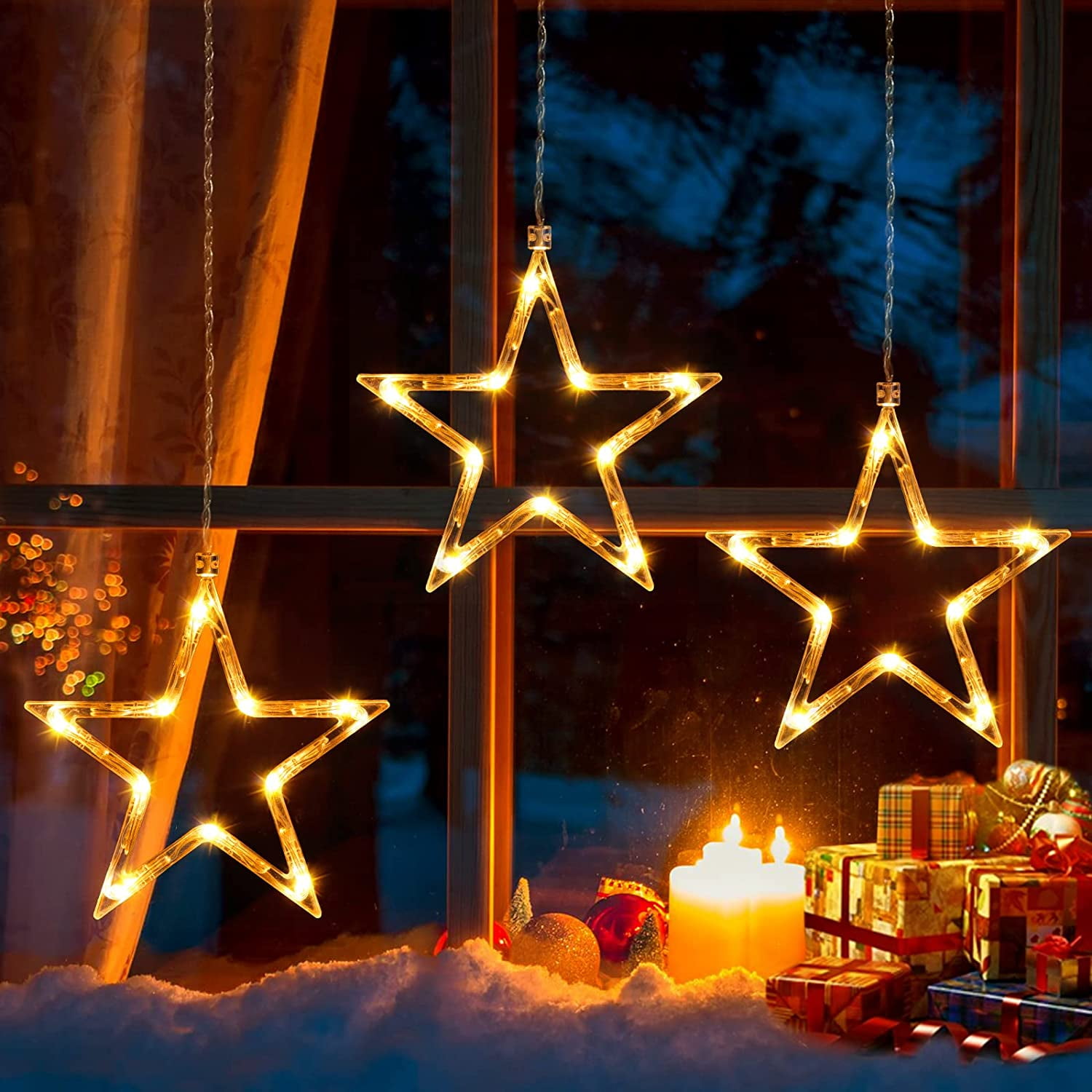 3 Stars Christmas Window Lights with Timer &Memory, LED Twinkle Star