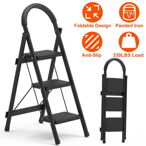 3-Step 330LBS Load Foldable Ladder, Portable Lightweight Folding Step Stool w/ Anti-Slip Pedal
