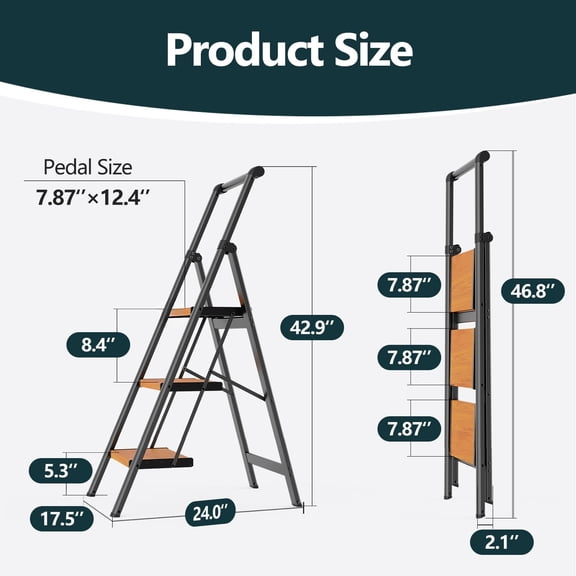 3-Step Aluminum Folding Ladder Stool – Lightweight, Wide Non-Slip Steps – 300lbs Capacity, Reach 8ft, Space-Saving for Home, Kitchen, Closet, Library, Black/Wood