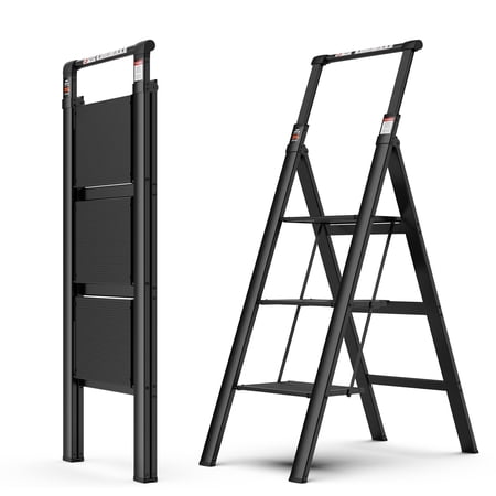 3-Step Aluminum Ladder with Retractable Handgrip, Anti-Slip Wide Pedals, 300 LBS Capacity, Foldable Step Stool for Safe Household Use