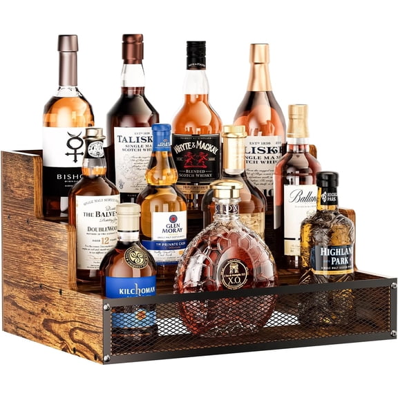 3 Step Countertop Liquor Bottle Display Shelf, Wood Bar Shelves 12 Bottles with Fences, Freestanding Storage Shelves for Liquor Whiskey Wine Coffee Syrup Display, Retro Wine Rack Home ()