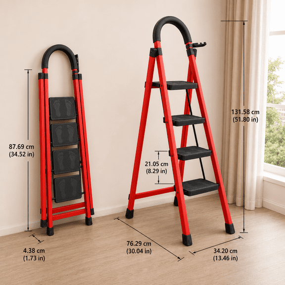 3-Step Durable Folding Step Ladder, Heavy Load Capacity, Lightweight Portable Step Stool, Heavy-Duty Anti-Slip Pedals, Sturdy Construction, Suitable For Home & Industrial Use, Ideal For House, Gar