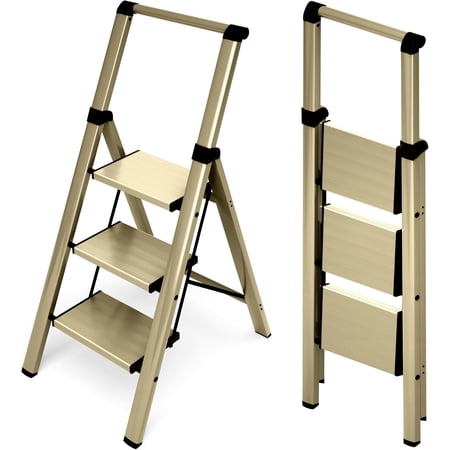 3 Step Foldable Aluminum Step Ladder with Handgrip, Anti-Slip Pedal, 330 lbs Capacity, Lightweight & Portable for Home, Kitchen, Office, Garage (Gold)