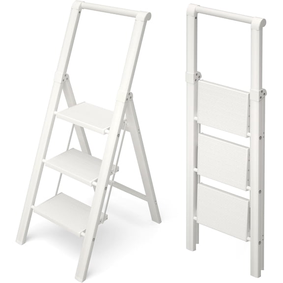 3 Step Foldable Aluminum Step Ladder with Handgrip, Anti-Slip Pedal, 330 lbs Capacity, Lightweight & Portable for Home, Kitchen, Office, Garage (White)