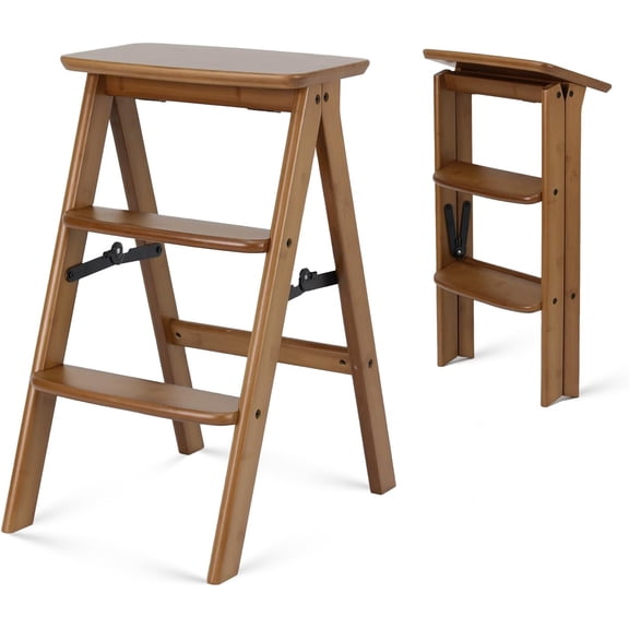 3-Step Foldable Wooden Step Ladder, 300 lb Capacity Solid Wood Step Stool for Photography Studio, Portrait Shooting, Home Kitchen & Living Room