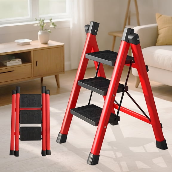 3 Step Folding Ladder, 660Lbs Capacity Sturdy Steel Ladder, 1.97" Ultra-Compact Fold, Slip-Resistant Steps, No-Tool Assembly, Ideal for Kitchen, Bathroom & Household Use