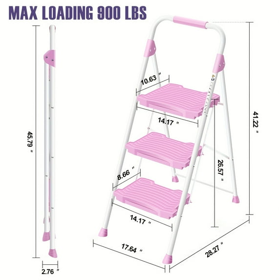 3 Step Folding Ladder, 900 Lbs Load Capacity, Non-Skid Large Pedals, Handrail, Safety Lock, Sturdy Step Stool For Home, Office, Garden, Multi-Purpose, White, As A Gift For Thanksgiving Or Christmas