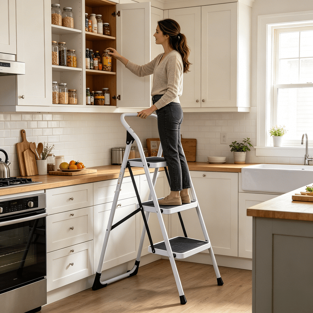 3 Step Folding Ladder with Handrail Iron Step Stool for Home Kitchen ...