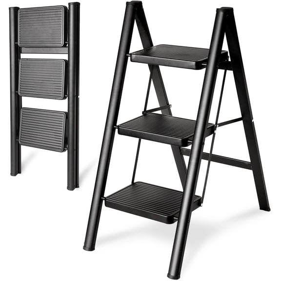 3-Step Folding Ladder, Heavy Duty Ladders for Home & Kitchen, Folding Ladder Easy to Store, Tall Ladder for Adults, Anti-Slip & Space-Saving Step Ladder, 330 Lbs Capacity