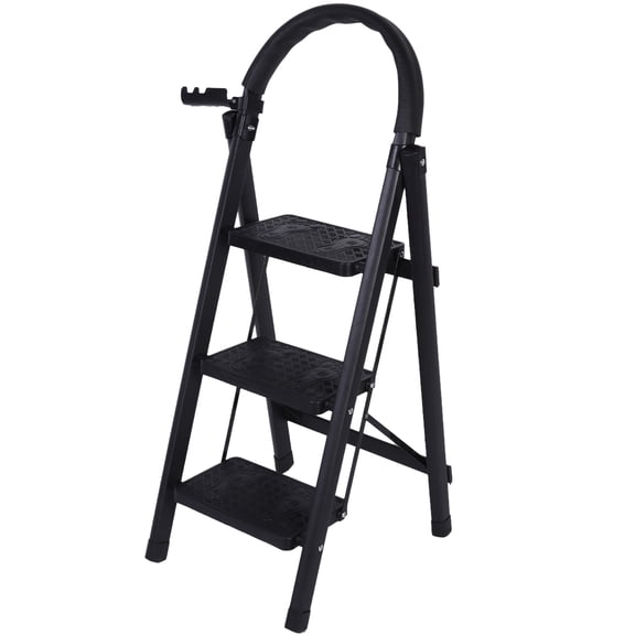 3 Step Folding Ladder Sturdy Steel Ladder 300 Lbs Load Capacity Sturdy& Portable Stepping Stools for RV Attic Daily Use at Home (Black)