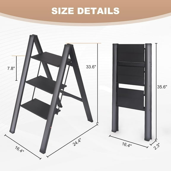 3 Step Folding Step Stool - Lightweight Portable Aluminum Ladder for Adults, 330 Lbs Capacity, Anti-Slip Wide Pedal