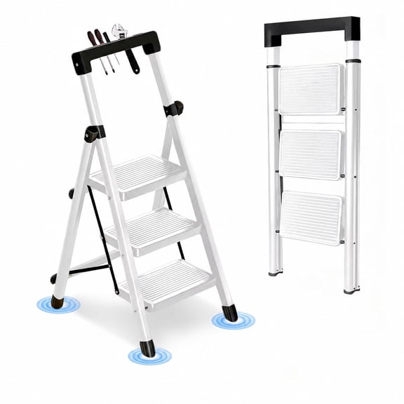 JaxSteam 3-Step Folding Ladder with Tool Tray 500 lbs Steel Step Stool Non-Slip Pedal, White
