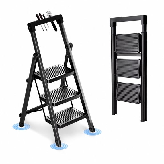 JaxSteam 3-Step Folding Ladder with Tool Tray 500 lbs Steel Step Stool Non-Slip Pedal, Black