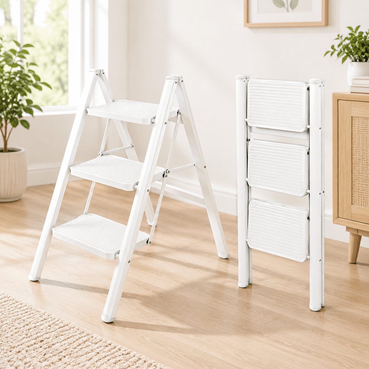 3 Step Folding Step Stool, White, Heavy Duty Iron Metal, Wide Anti-Slip ...